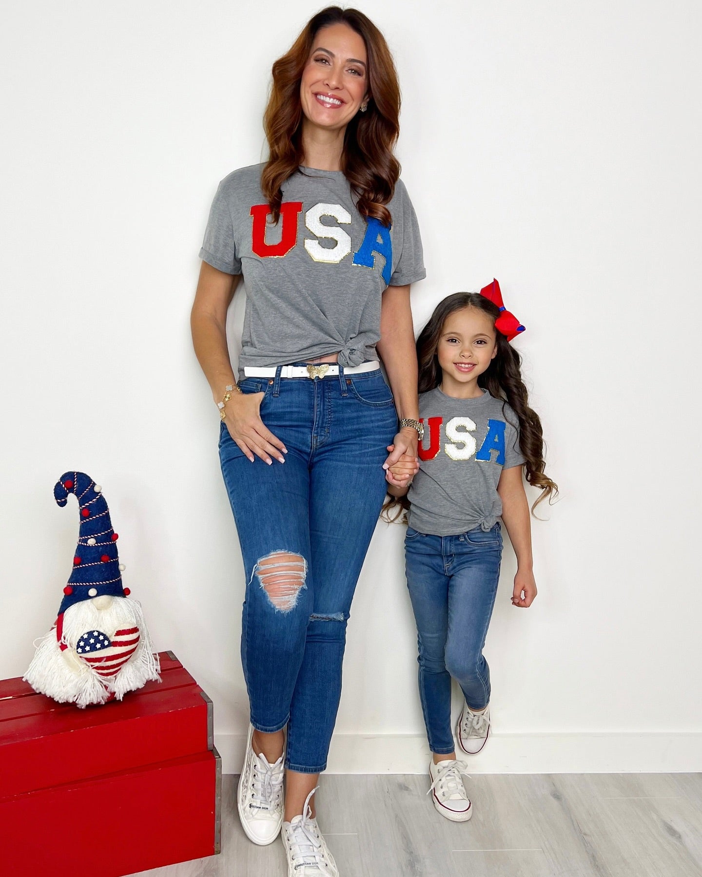 Mommy And Me July 4th Patch Applique USA Grey Cotton T-Shirt