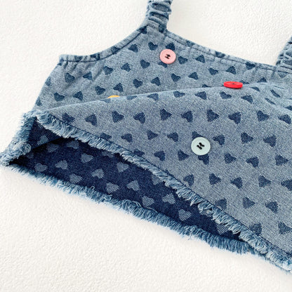 Summer Baby Girl Set Button Decor Heart Denim Top Skirt
