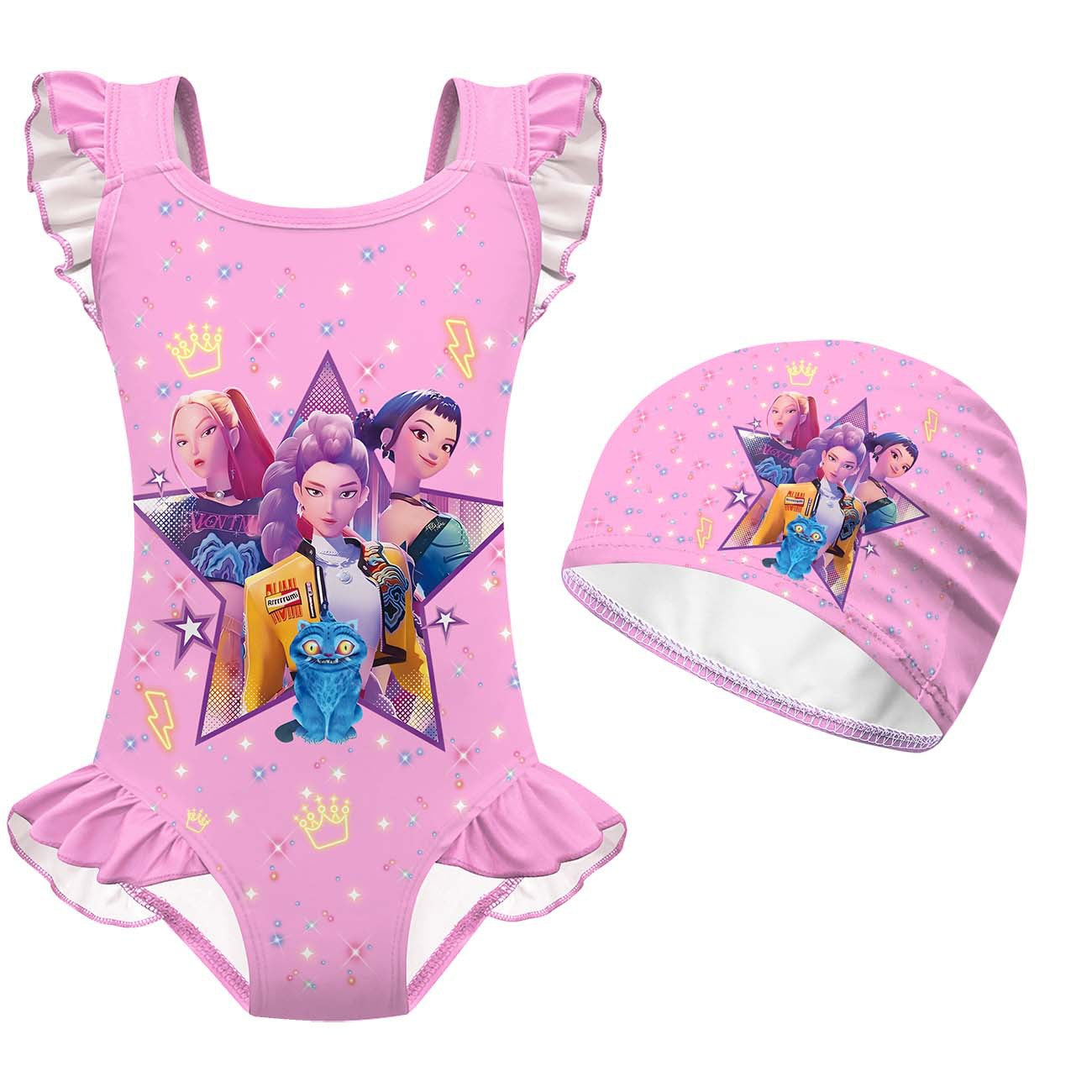 K-pop Demon Hunter Print Girls One-Piece Swimsuit Ruffles Swimwear