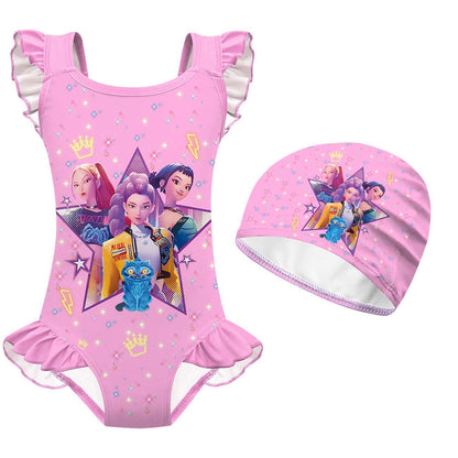 K-pop Demon Hunter Print Girls One-Piece Swimsuit Ruffles Swimwear