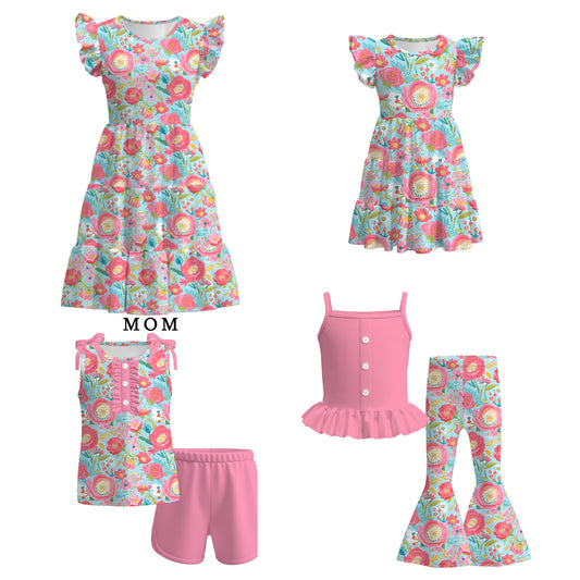 Mommy And Me Summer Coral Blue Floral Matching Dress Set