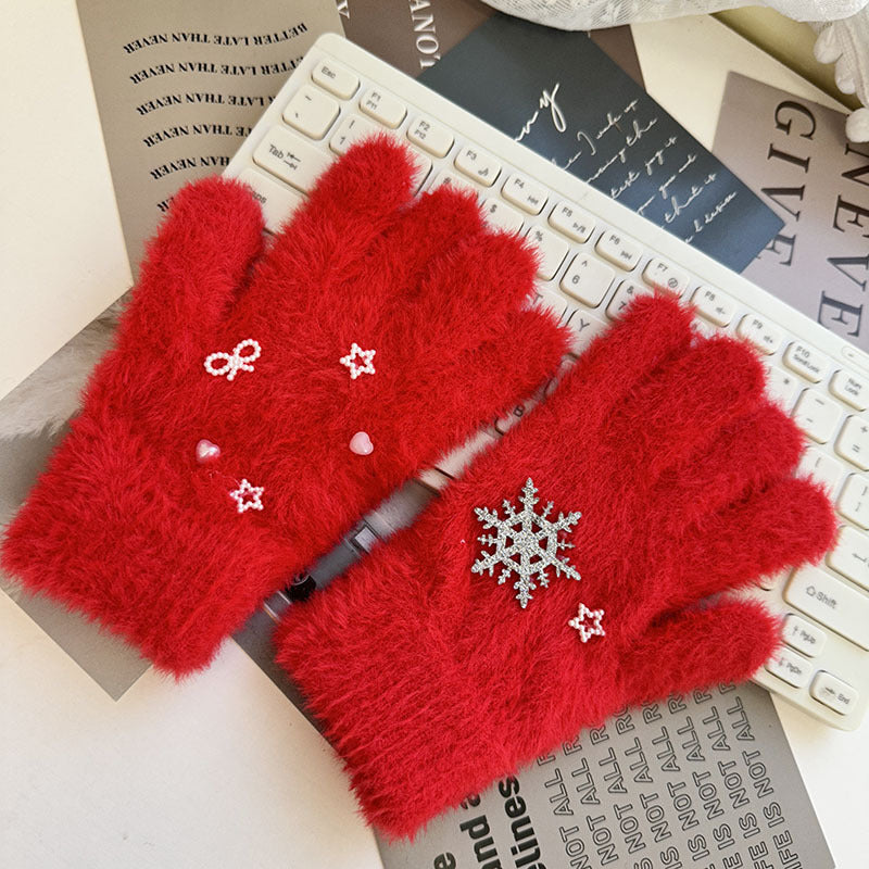 Winter Fluffy Star Gloves Soft Faux Mink Knit Warm Gloves for Parent-Child Matching & Cycling
