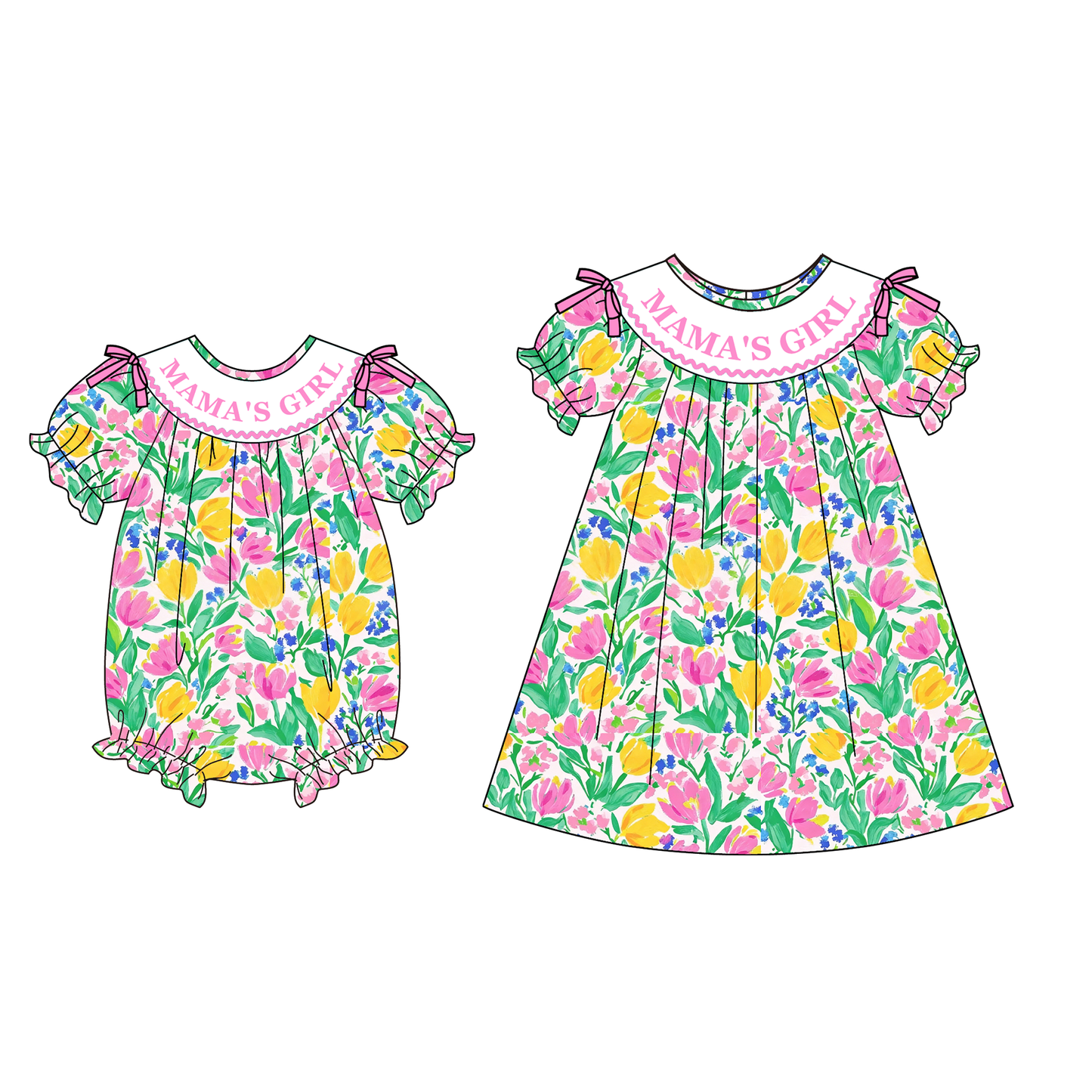 Spring Summer MAMA'S GIRL Embroidery Smock Floral Dress & Romper