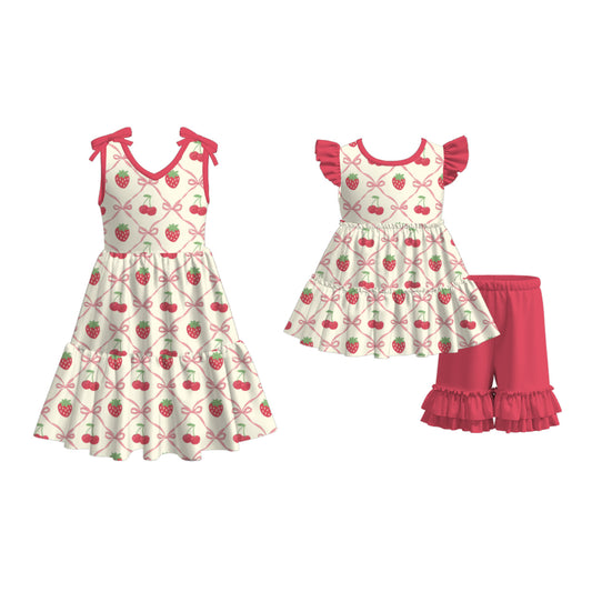 Girls Summer Red Cherry Strawberry Print Soft Dress & Short Set