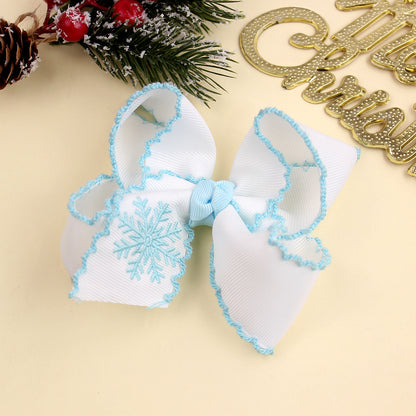 Girls Christmas Embroidered Hair Bow Clips with Scalloped Edges – Festive Grosgrain Ribbon Bows, Pack of 10