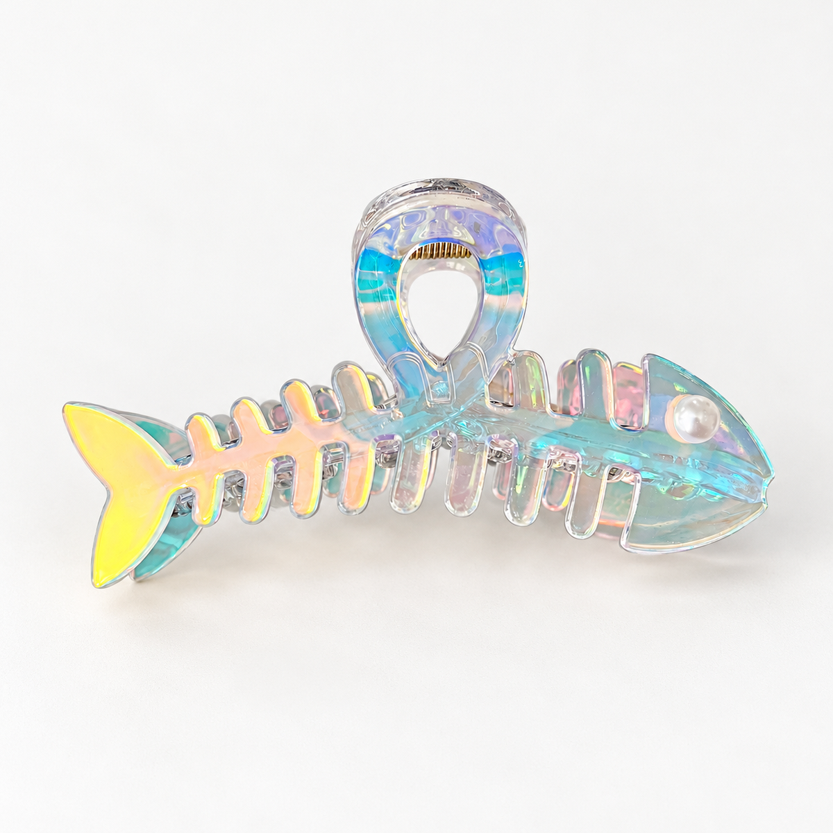 Iridescent Fishbone Hair Claw Clip – Acetate-Look Fish Skeleton Clip with Faux Pearl Eye