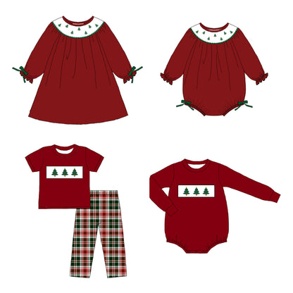 Kids Christmas Tree Embroidered Smocked Holiday Outfits