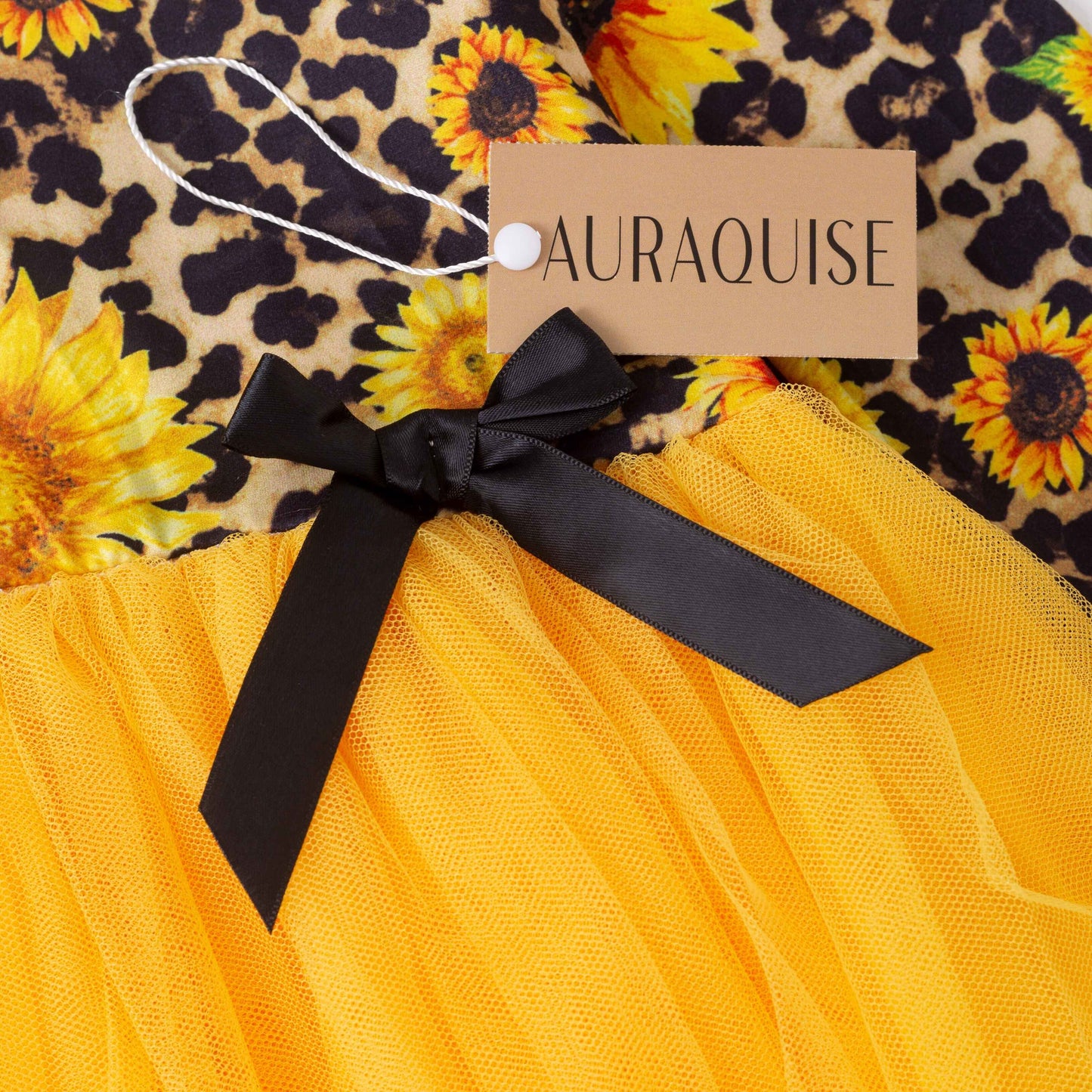Girls Fall Sunflower Leopard Print Yellow Tulle Long Sleeves Dress