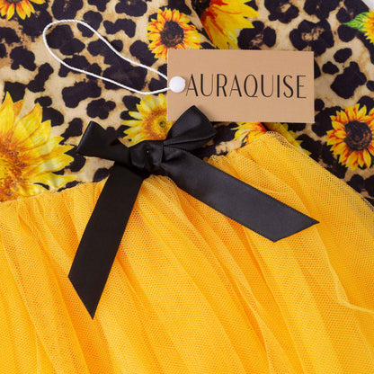 Girls Fall Sunflower Leopard Print Yellow Tulle Long Sleeves Dress