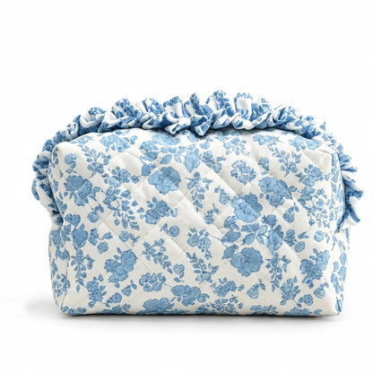 Diamond Quilted Ruffle Floral, Bow Print Makeup Cosmetic Bag – Toiletry & Travel Pouch