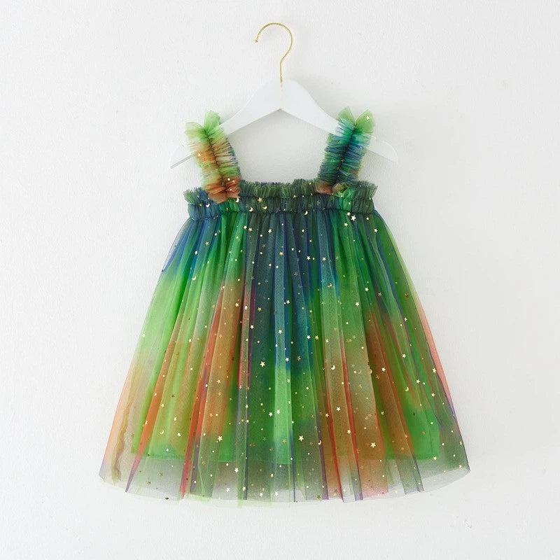 Girls Rainbow Tulle Dress Gold Stars Sparkly Fairy Style