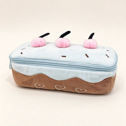 Cherry Cake Plush Cosmetic Bag & Pencil Pouch – Cute Zipper Makeup Organizer and Stationery Case