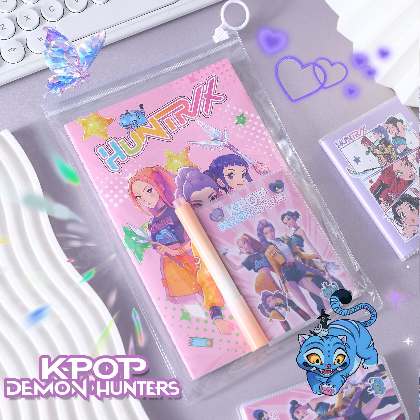 K-POP Demon Hunter Girl Group Stationery Set Notebook, Click Pen, Highlighter & Zipper Pouch for School or Office