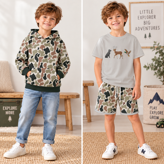 Boys Fall Winter Hunting Camo Printed Collection – Duck Deer Print Short Sleeve Shorts Set, Camouflage Hoodie, Long Sleeve Sweatshirt & Baby Romper