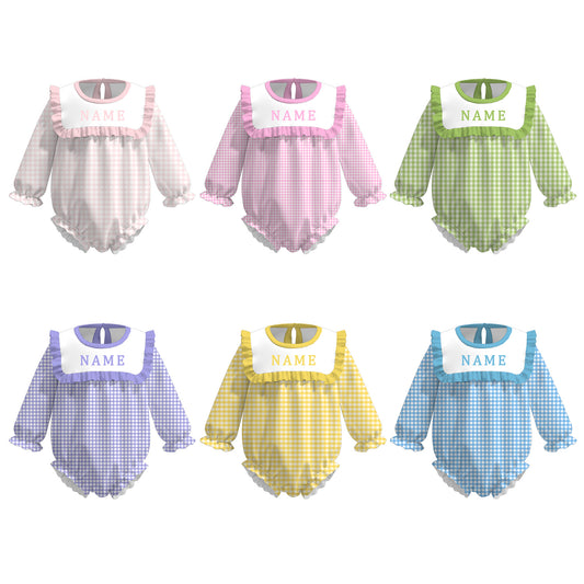 Spring Summer Muti-Colors Plaid Custom Name Embroidery Romper