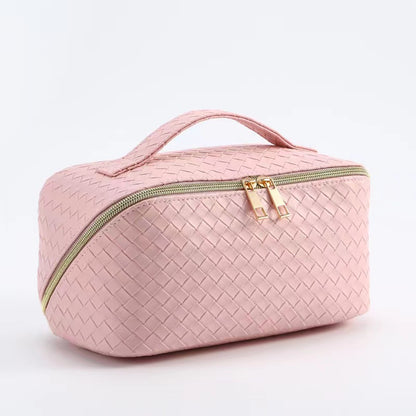 Woven PU Leather Makeup Bag with Handle & Zipper Travel Toiletry & Cosmetic Organizer