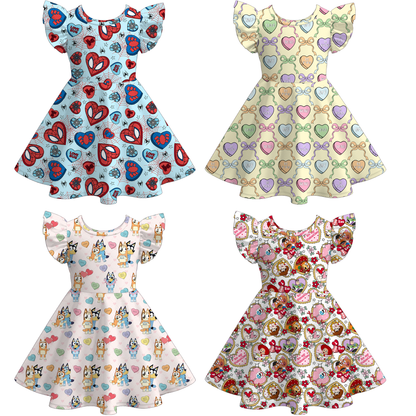 Girls Valentine's Day Cartoon Heart Print Short Sleeves Twirl Dress