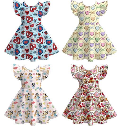 Girls Valentine's Day Cartoon Heart Print Short Sleeves Twirl Dress