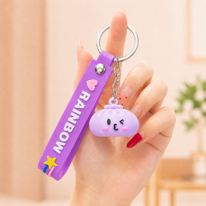 Cute Kawaii Dumpling Silicone Keychain with Rainbow Wrist Strap