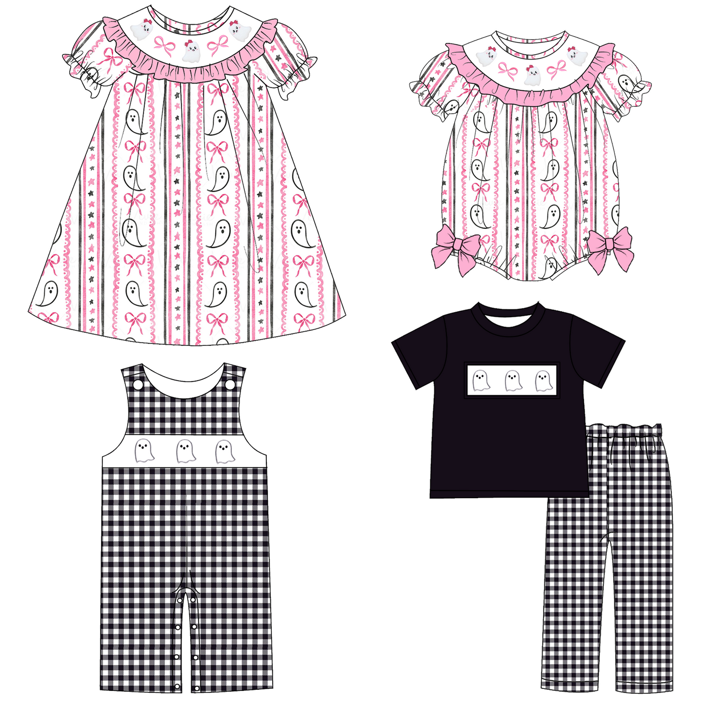 Halloween Ghost Smocked Embroidery Sibling Set