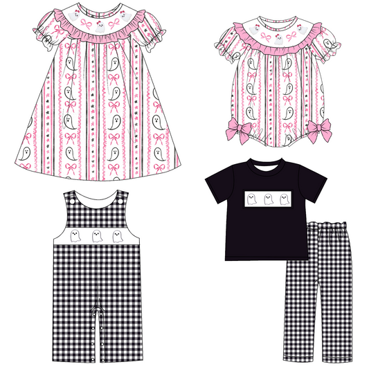 Halloween Ghost Smocked Embroidery Sibling Set