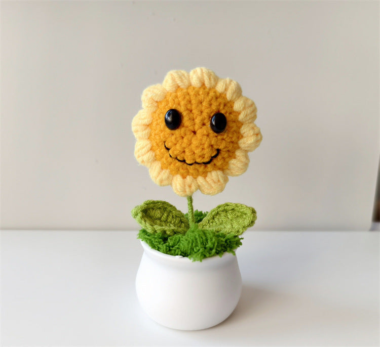 Handmade Knitted Flower Pot – Yarn Sunflower, Carnation & Tulip Desk Decor