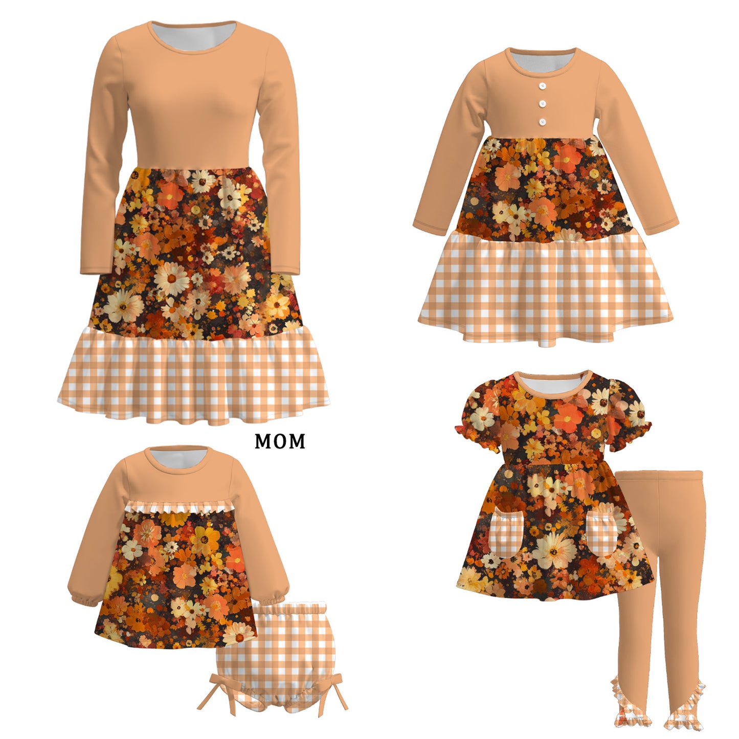 Family Autumn Fall Orange Floral Print Matching Dress & Outfit Set