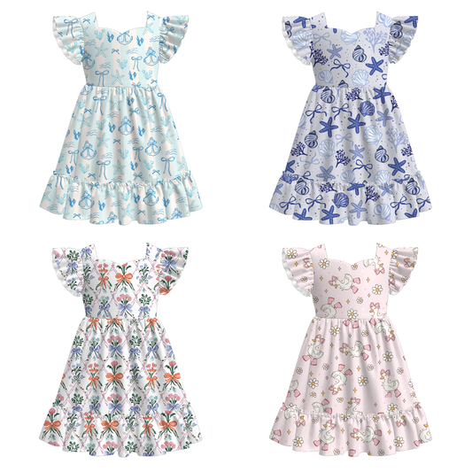 Girls Summer Bow Goose Print Short Sleeves Dress