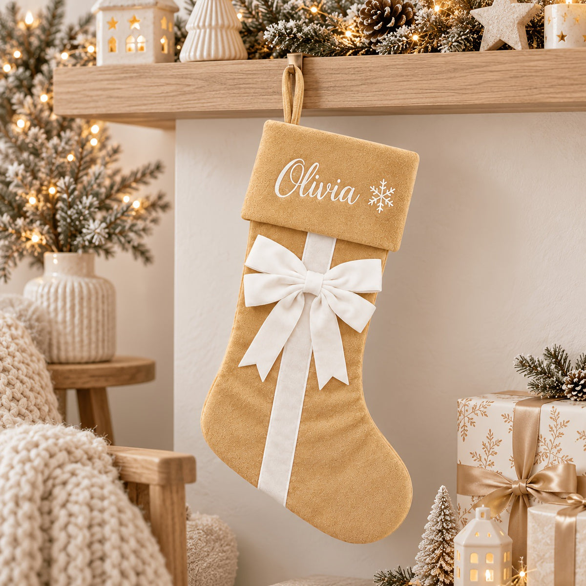 Personalized Christmas Stockings with Velvet Bow – Custom Name Embroidered Holiday Stocking, Red Green Beige White Christmas Tree & Fireplace Decor