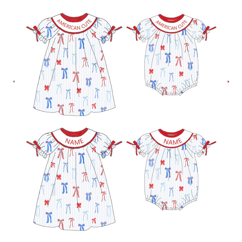 Girls July 4th Red Blue Bow Smocked Custom Name Dress And Romper