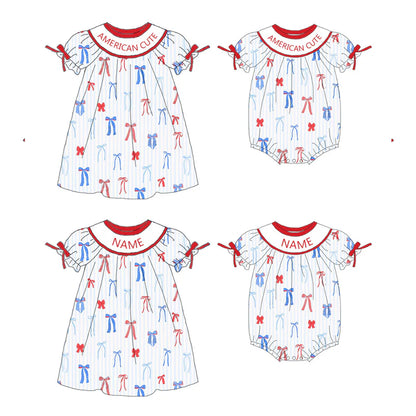 Girls July 4th Red Blue Bow Smocked Custom Name Dress And Romper