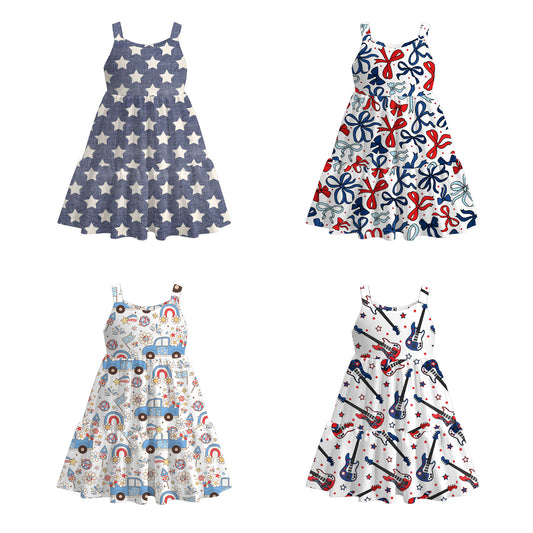Girls 4th Of July Patriotic Red Blue Print Slip Outdoor Dress