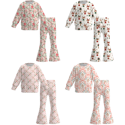 Girls Fall Christmas Floral Reindeer Gingerbread Top+Pant Set