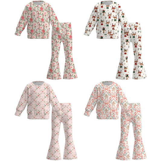Girls Fall Christmas Floral Reindeer Gingerbread Top+Pant Set