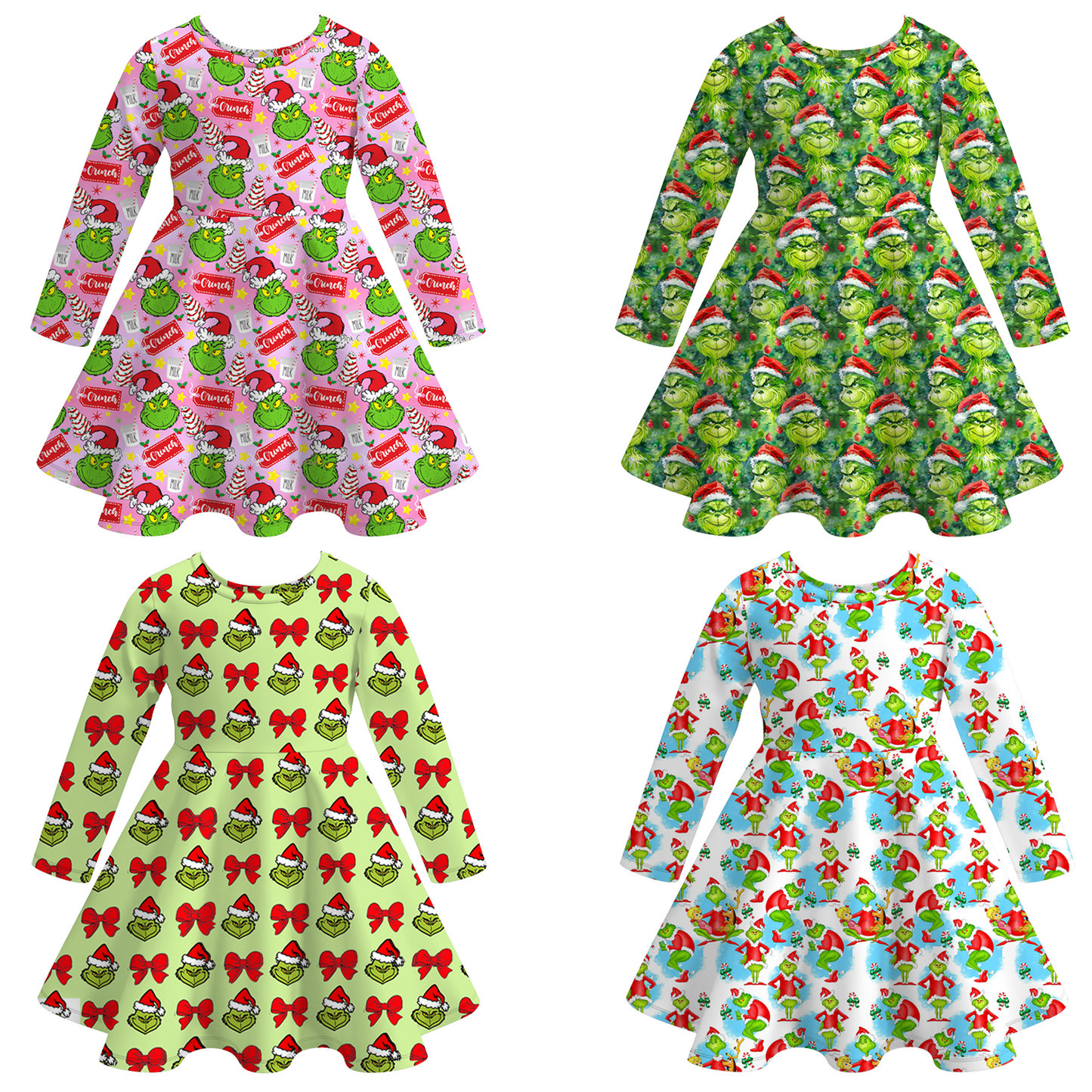 2025 Christmas Grinch Print Soft Twirl Dress For Girls