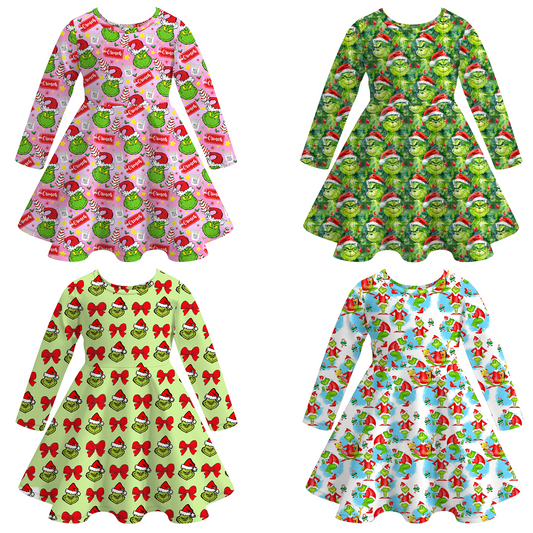 2025 Christmas Grinch Print Soft Twirl Dress For Girls