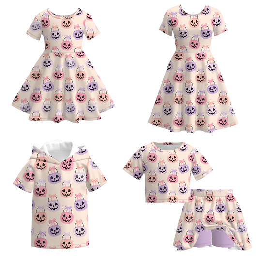 Sibling Halloween Pumpkin Print Mommy Me Dress & Top & Skirt Set