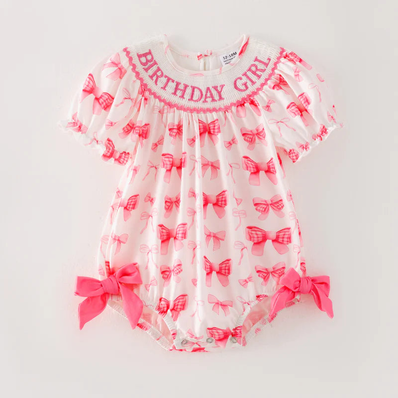 Baby Summer BIRTHDAY GIRL Pink Bow Embroidery Bubbles