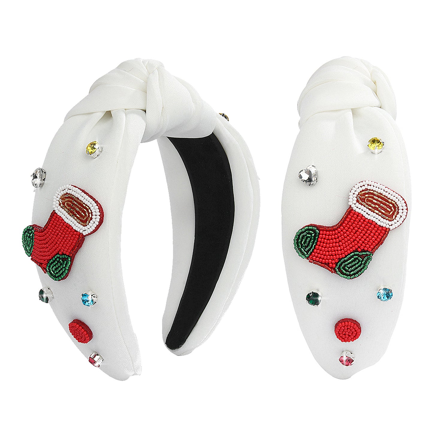 2025 Christmas Handmade Beaded Headband Seed Bead Hairband with Rhinestones Knot Headband Holiday Hair Accessory