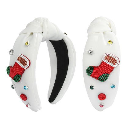 2025 Christmas Handmade Beaded Headband Seed Bead Hairband with Rhinestones Knot Headband Holiday Hair Accessory