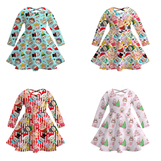 Girls Labubu Themed Fashion Print Long Sleeves Twirl Dress