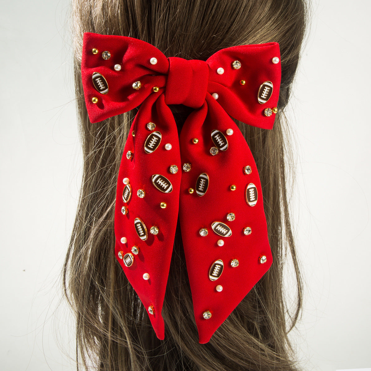 Football Hair Bow with Pearls & Rhinestones – Game Day