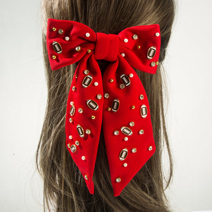 Football Hair Bow with Pearls & Rhinestones – Game Day