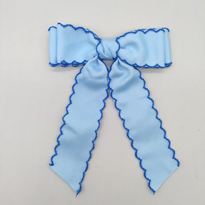 Girls Grosgrain Ribbon Bow Hair Clip – Contrast Scalloped Stitching & Long Ribbon Tails