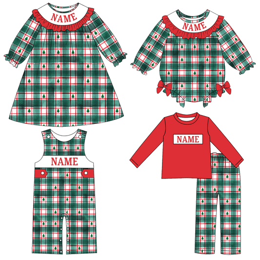 Kids Christmas CUSTOM NAME Embroidery Plaid Sibling Clothes