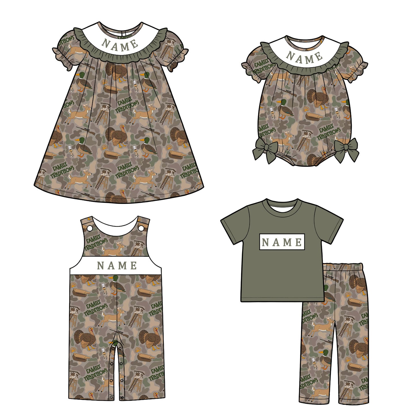Personalized Hunting Collection | Custom Name Camo Dress, Bubble Romper, Jon Jon & Boys Outfit