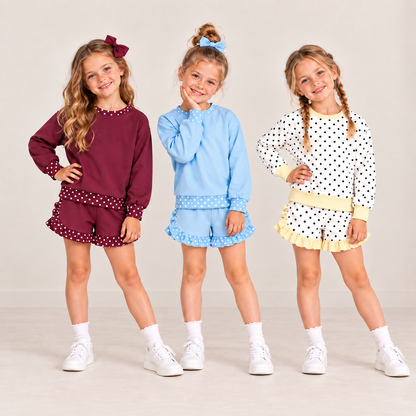 Girls Fall Winter Polka Dot Ruffle Shorts Set – Long Sleeve Sweatshirt & Ruffle Bottom Outfit