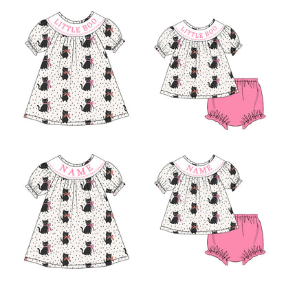Girls Halloween LITTLE BOO Smocked Embroidery Custom Name Dress & Baby Set