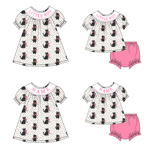 Girls Halloween LITTLE BOO Smocked Embroidery Custom Name Dress & Baby Set