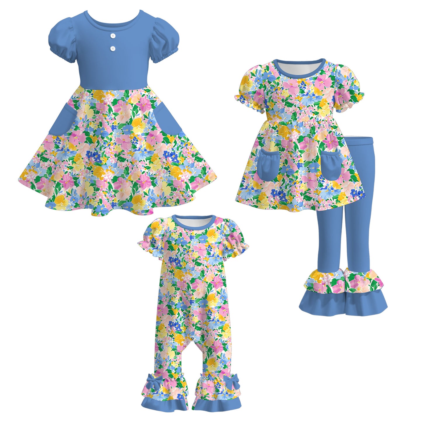 2026 Spring Blue Floral Print Pocket Outfits Collection